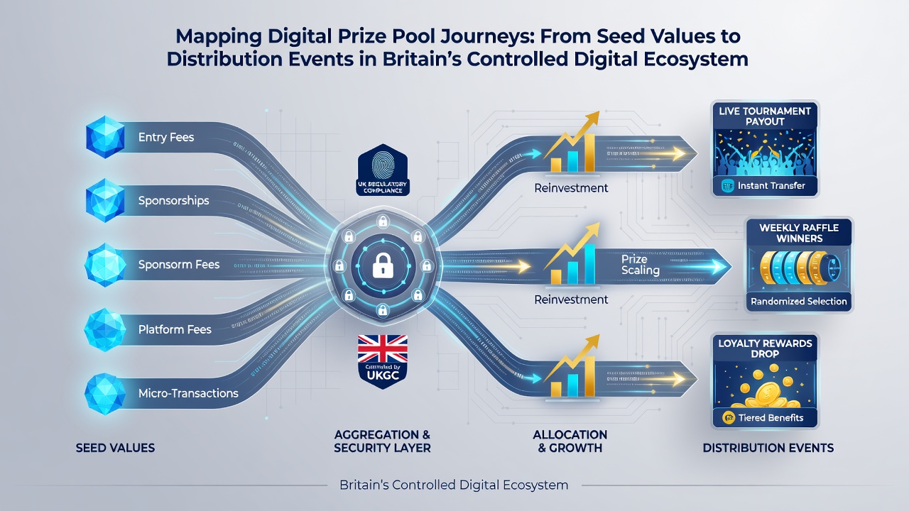 Flowchart illustrating contribution accumulation and distribution events in regulated British slot prize pools